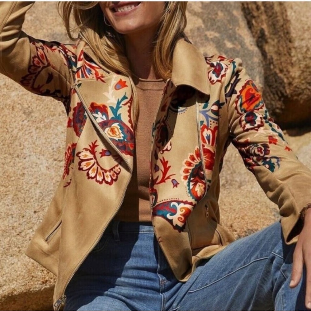 Chico’s Artisanal Faux Suede Printed Jacket Sz Xxl Boho Western Desert Festival